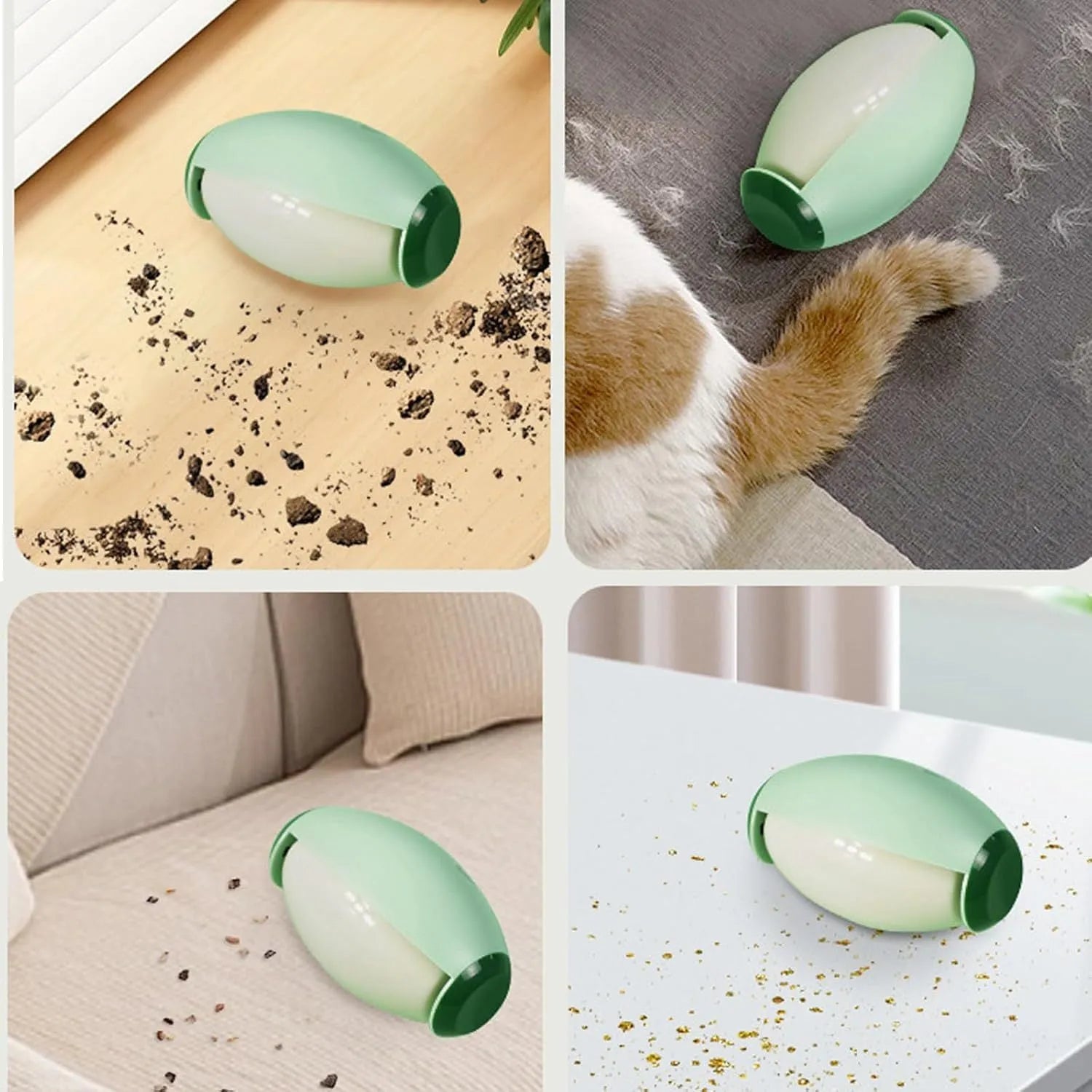 Green and white reusable gel lint roller ball for portable pet hair removal.