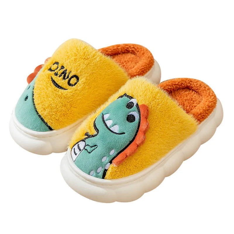 Couple set of plush dinosaur print slippers in grey, coffee, or orange, showing thick indoor design.