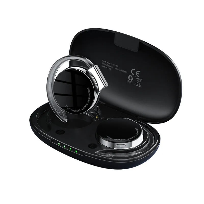 Black and white sports wireless Bluetooth earphones with bilateral stereo ear plug design.