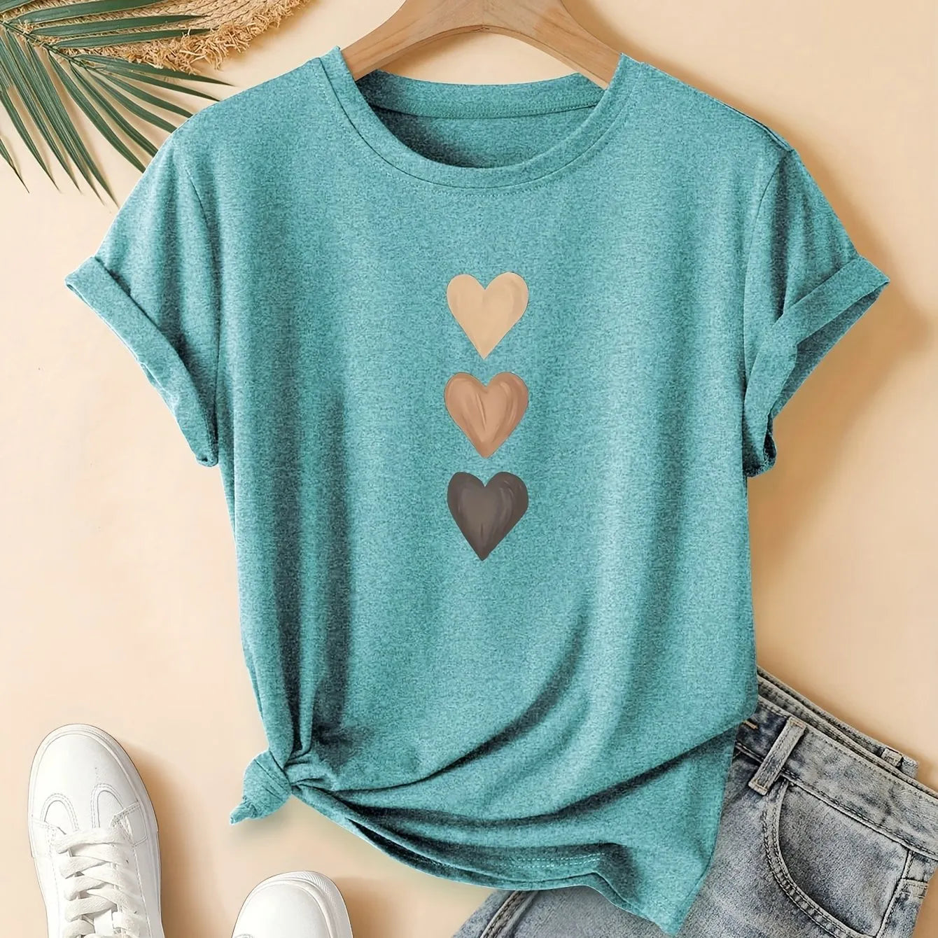 Women's pure cotton short sleeve t-shirt with a printed three-heart pattern in a Chinese retro style, shown in blue.