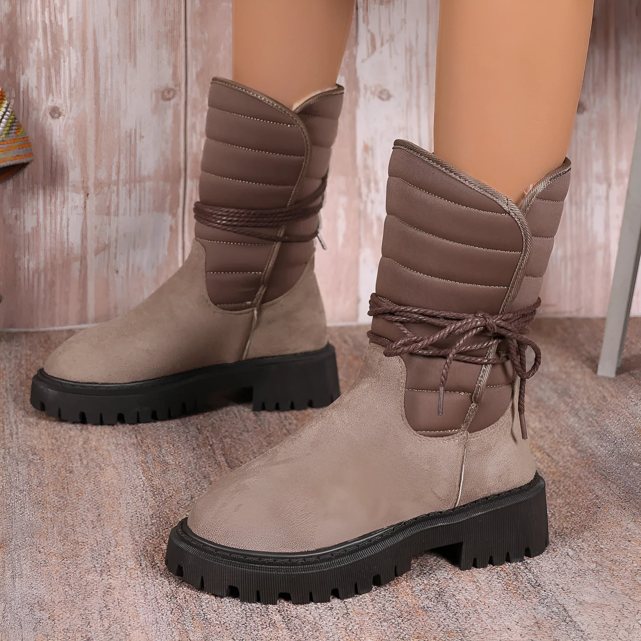 Women's black suede chunky heel snow boots with lace-up design and fleece lining