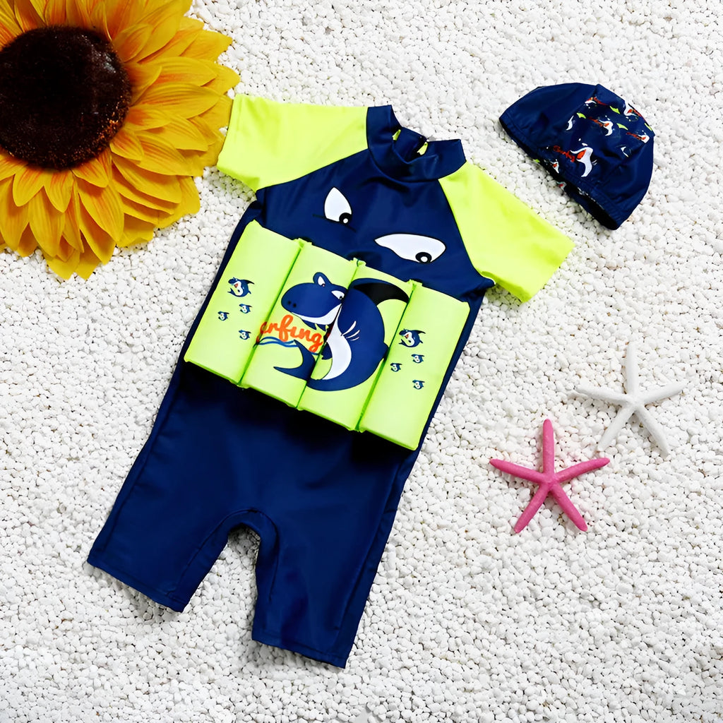 Children's one-piece swimsuit with built-in buoyancy and sun protection in shark boy cartoon pattern