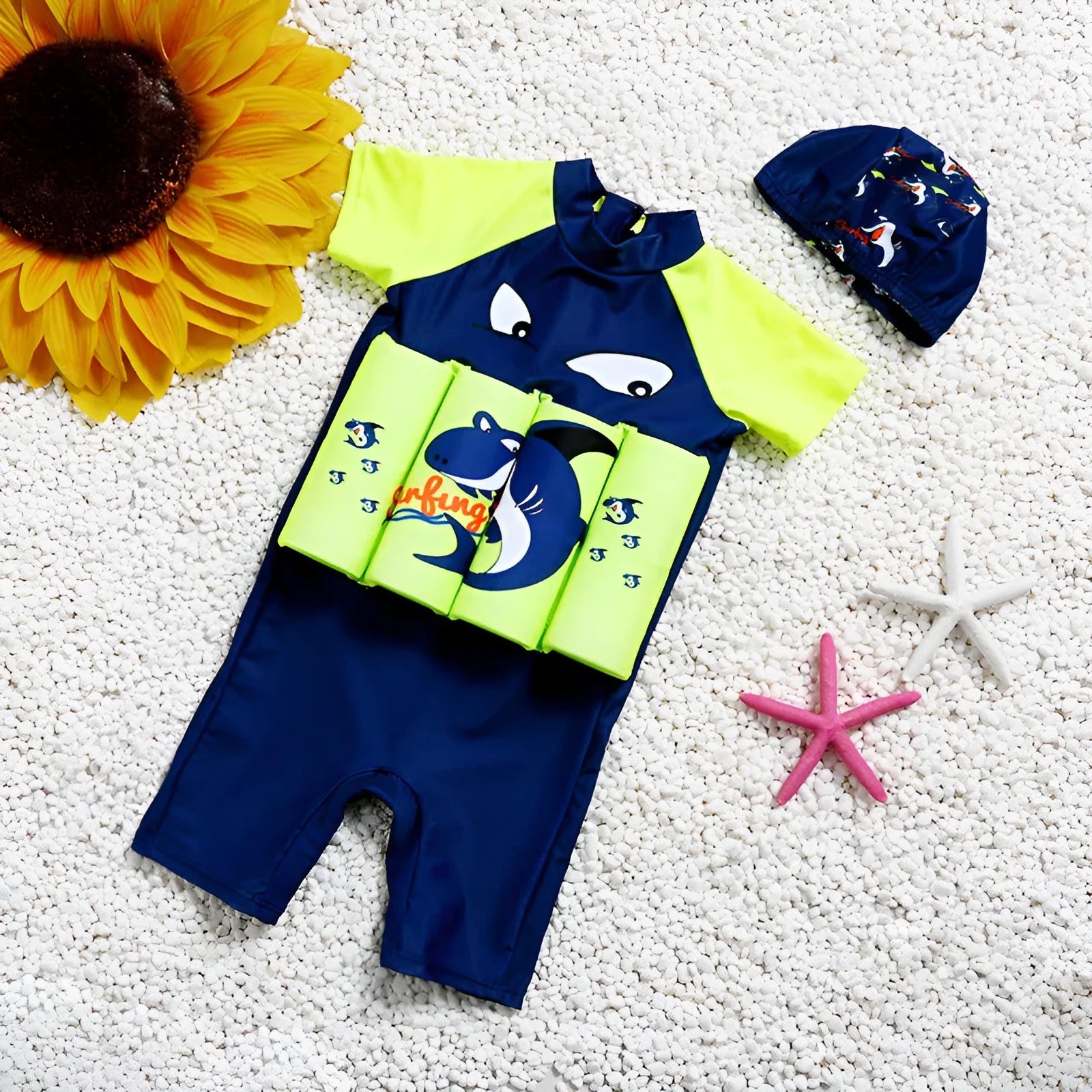 Children's one-piece swimsuit with built-in buoyancy and sun protection in shark boy cartoon pattern