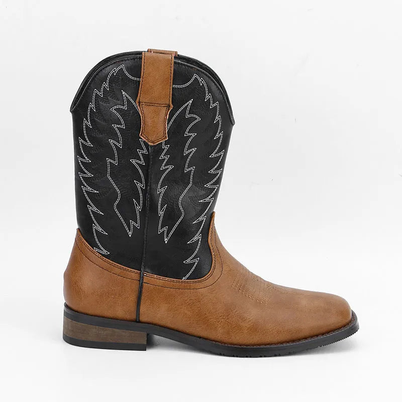 Men's western denim square toe motorcycle boots in black artificial leather with mid-calf length