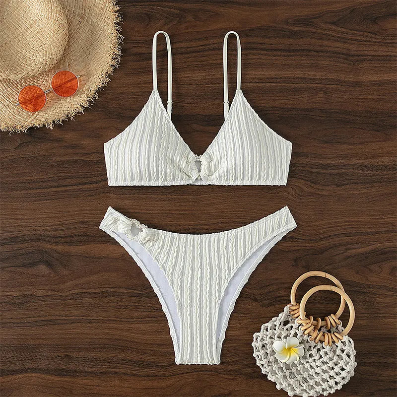 White women's V-neck swimsuit with beach split style and sleeveless design