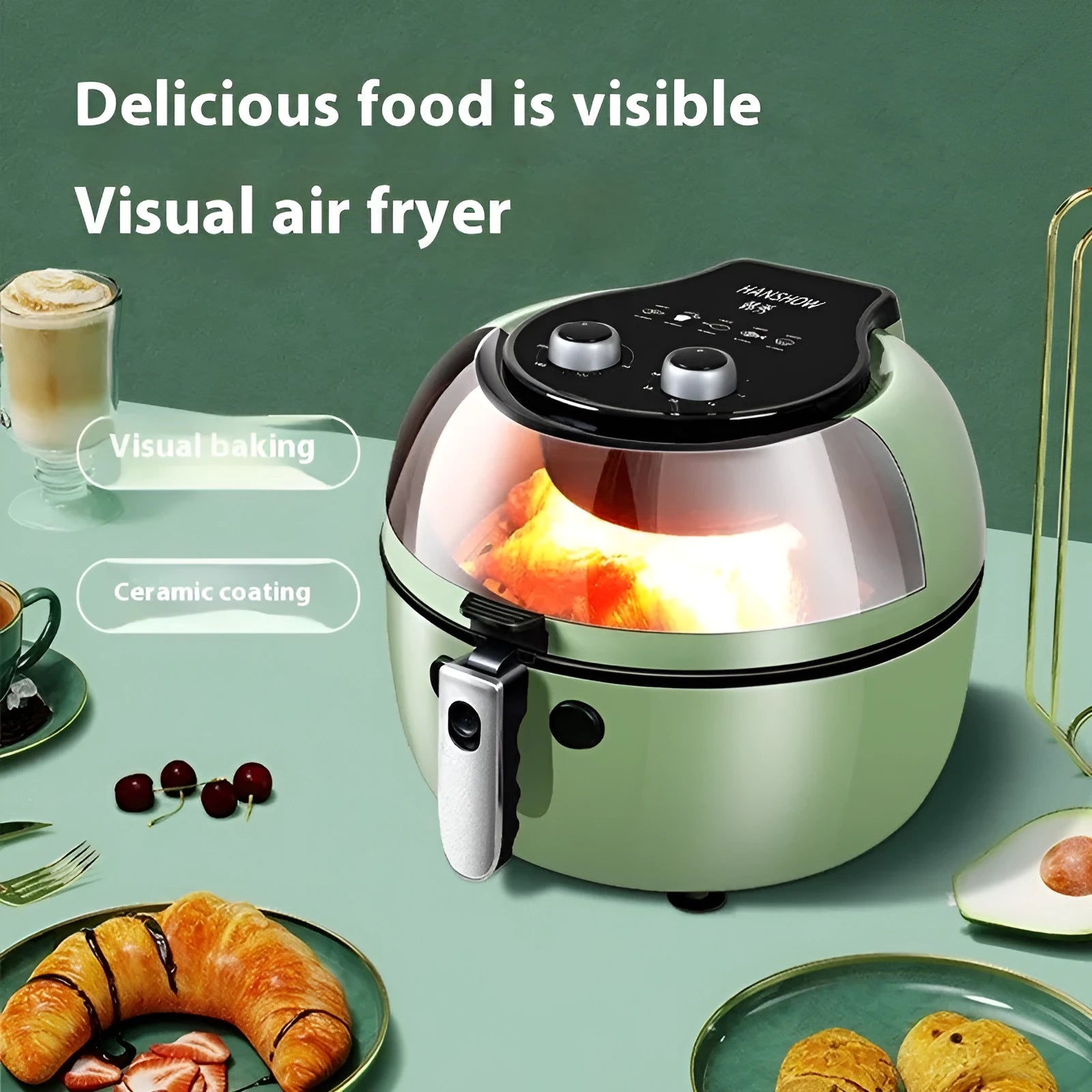 8-litre ceramic air fryer oven with mechanical button controls and visible operation