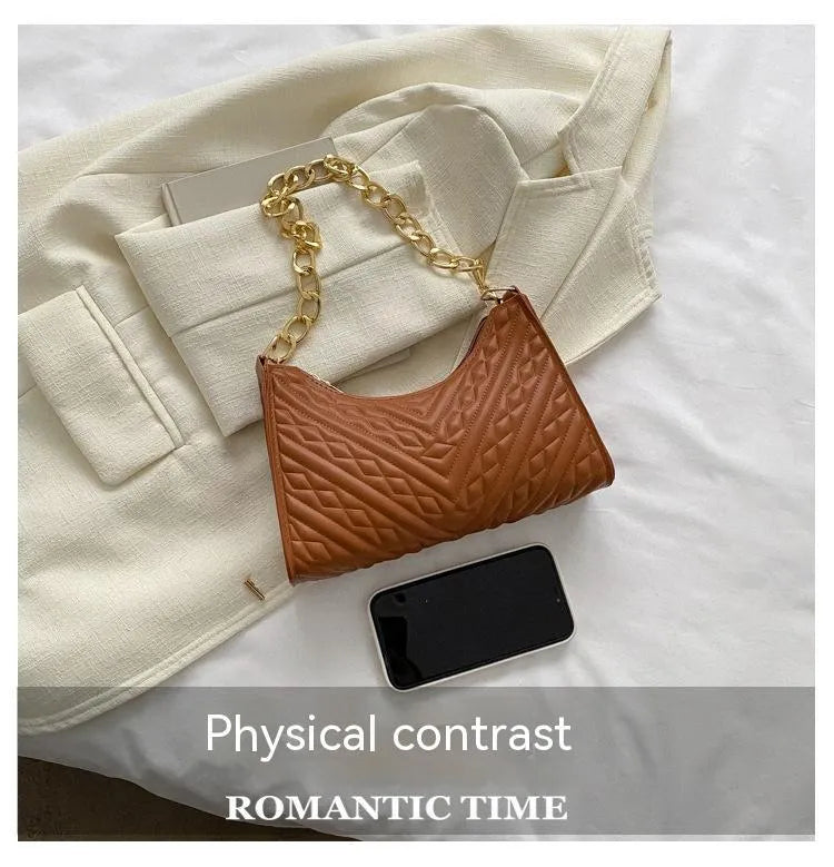 Brown PU leather pleated chain baguette shoulder bag with adjustable strap and soft carry handle