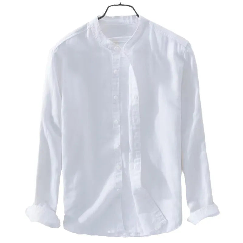 Men's loose fit linen cotton long sleeve shirt in dark blue colour showing button-up design