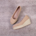Women's wedge heel pumps in apricot with rope bottom detail and thick sole