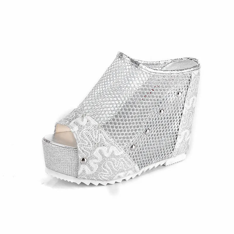 Korean women's platform sandals with hollowed heels, mesh upper, and chunky waterproof soles in gold.