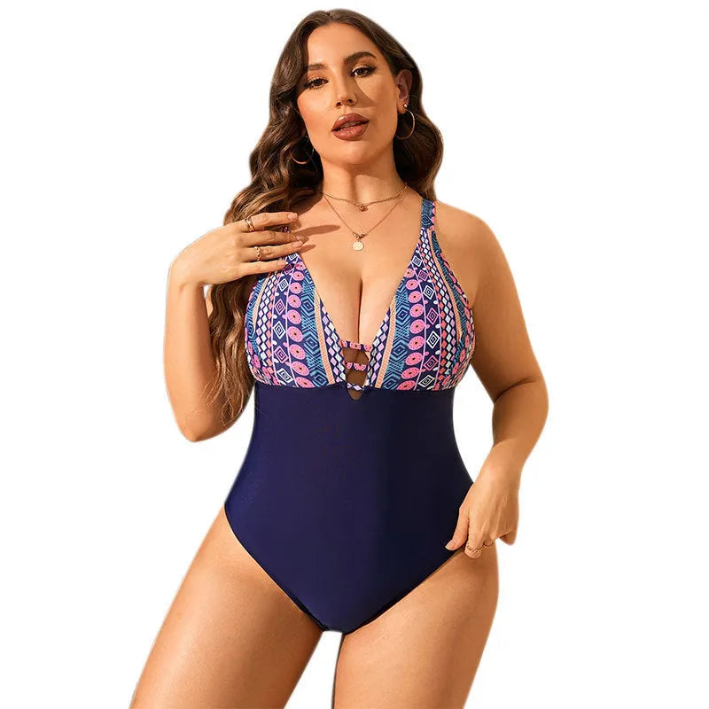 Leopard print plus size one-piece swimsuit with V-neck and cover-belly design.
