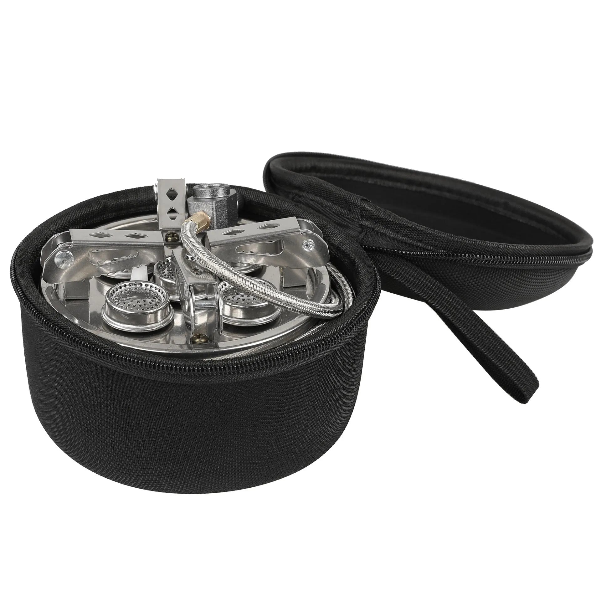 Silver portable split camping stove made of stainless steel and copper, showing its compact size and 100cm connecting hose.