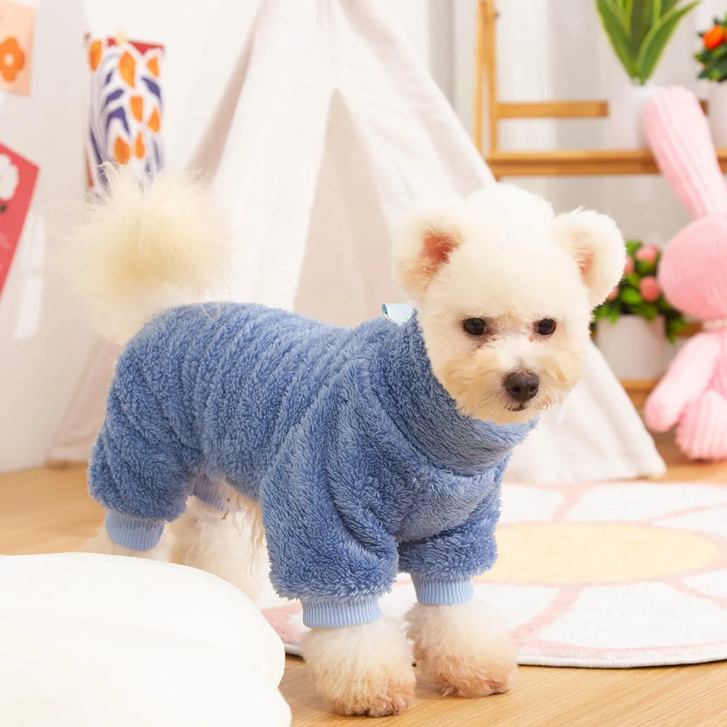 Blue four-legged dog clothes with high collar and towing ring made of double-sided plush cotton velvet