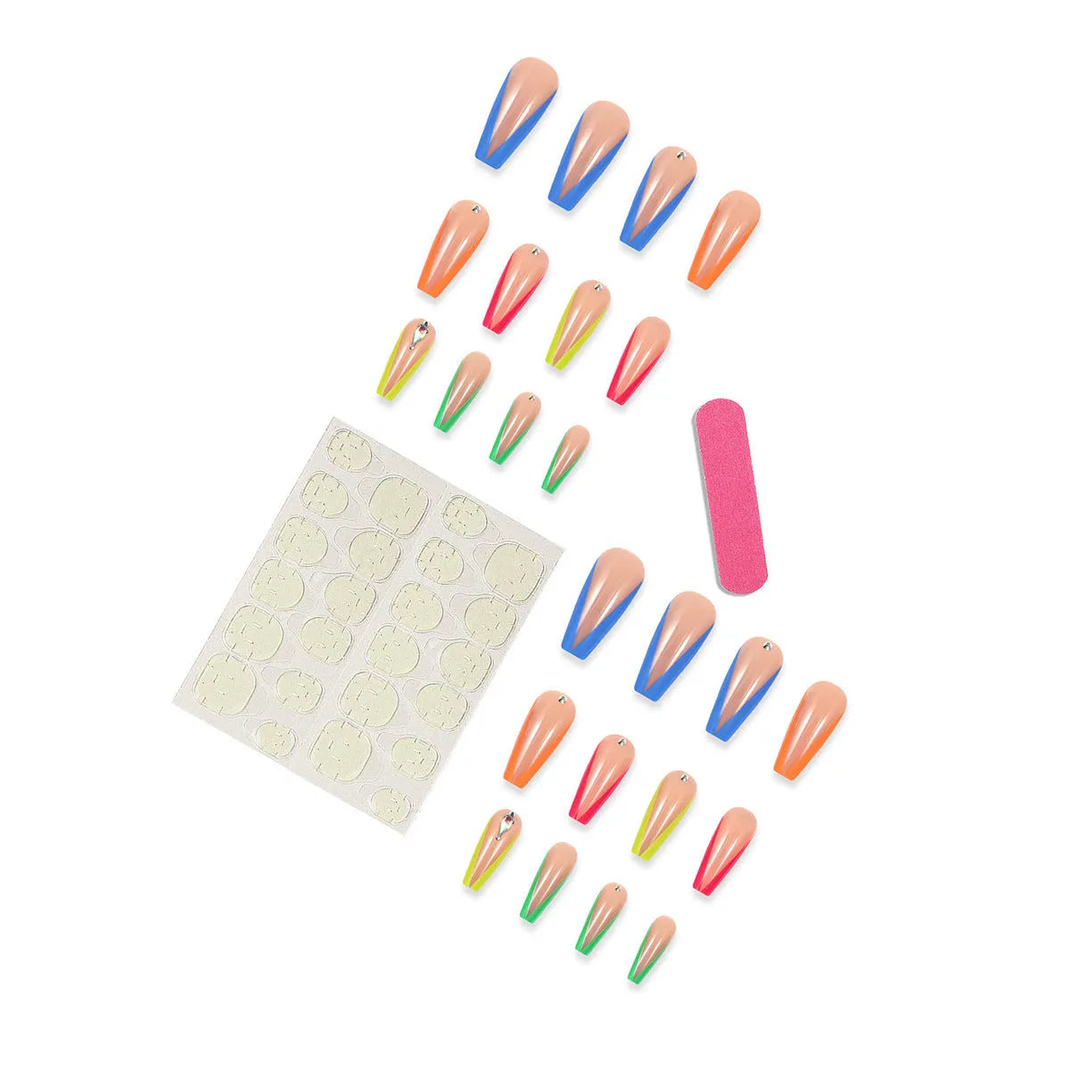 Detachable artificial nail tips with red cartoon love heart and cross design on diamond French colour background.