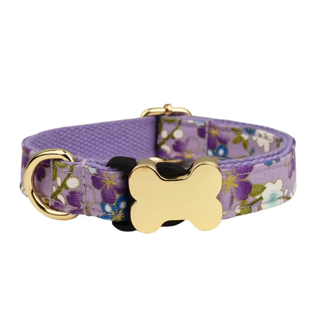 Flat nylon dog collar with printed grid pattern and plastic bone buckle in multiple colour options