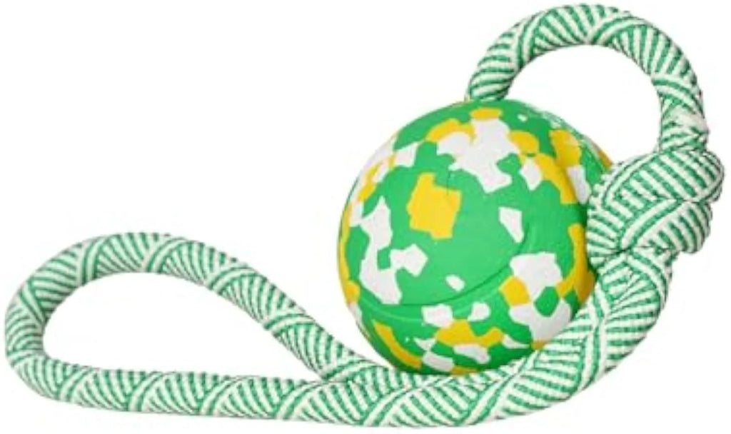 Dog rope ball toy with a solid rubber ball and attached nylon rope for fetch and tug games.