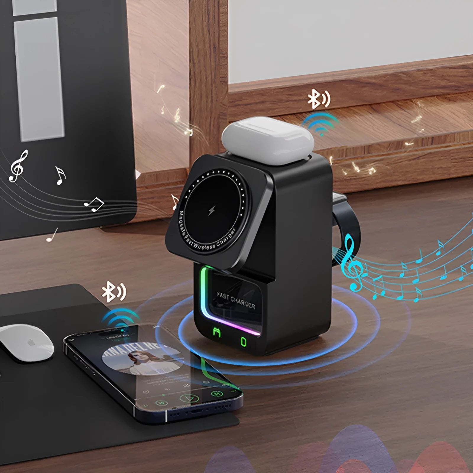 White Bluetooth speaker wireless charging station with QC3.0 fast charging capability
