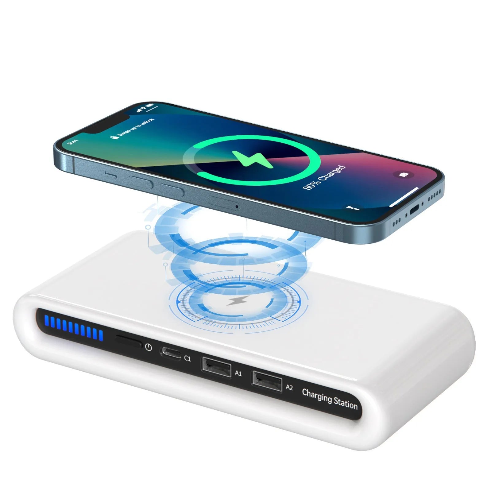 White rectangular desktop wireless charging pad with integrated multi-colour atmosphere lamp.