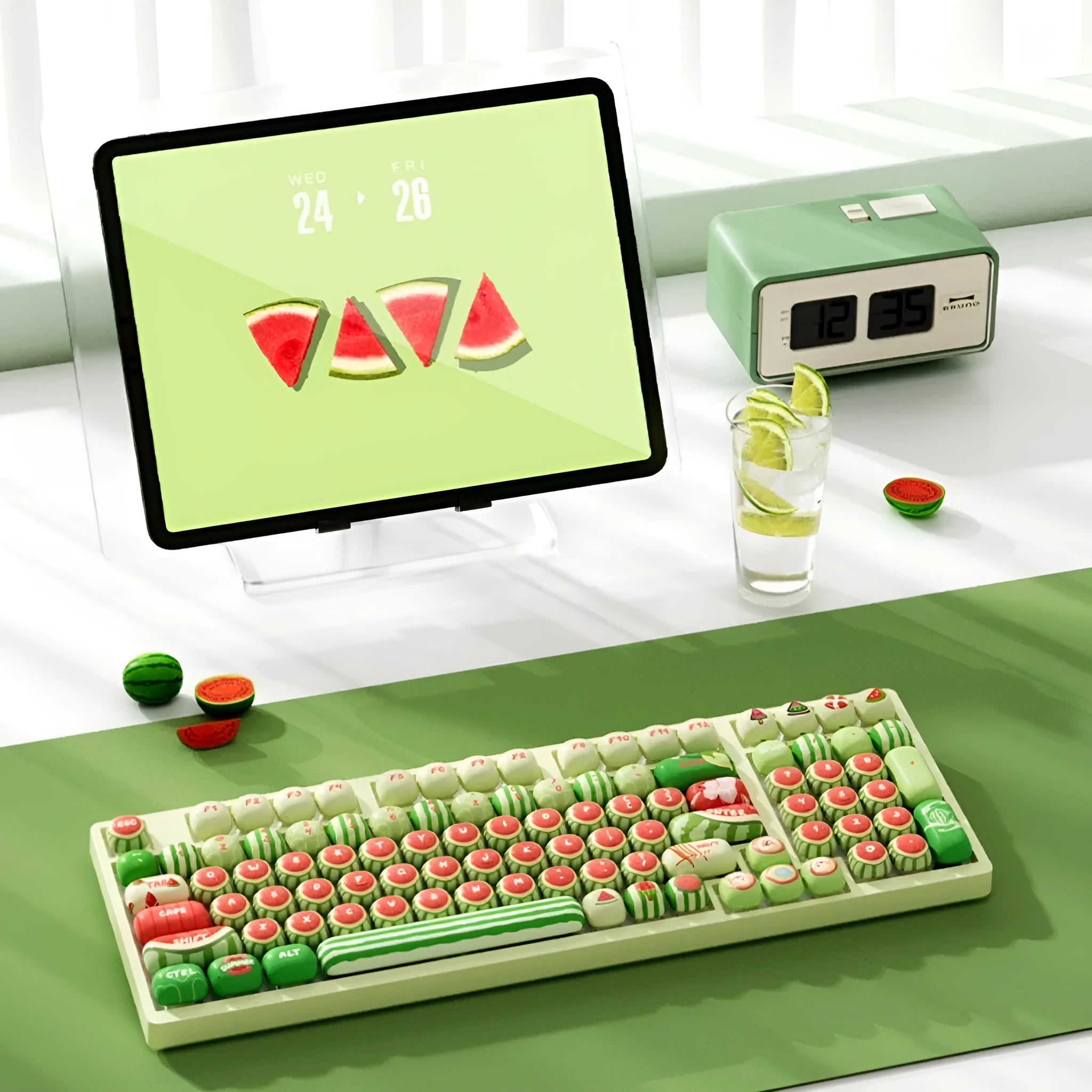 Xia Yang Watermelon themed blue PBT keycaps with five-sided sublimation artwork for mechanical keyboards.