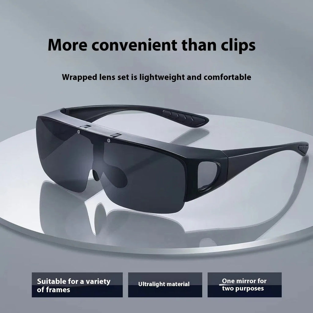 Polarised sunglasses with interchangeable lenses for myopia correction, suitable for cycling and outdoor sports.