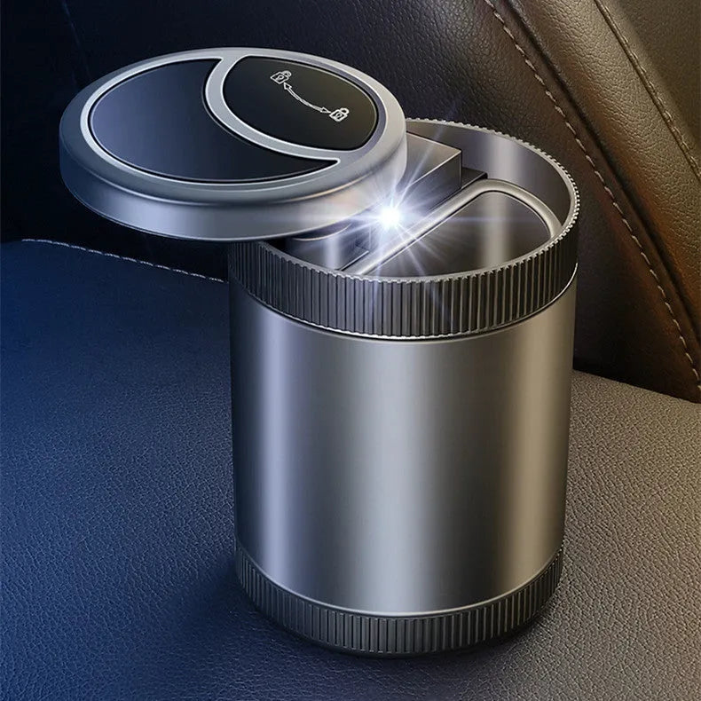 Automatic sensing vehicle ashtray with USB port in grey, black, red, or blue