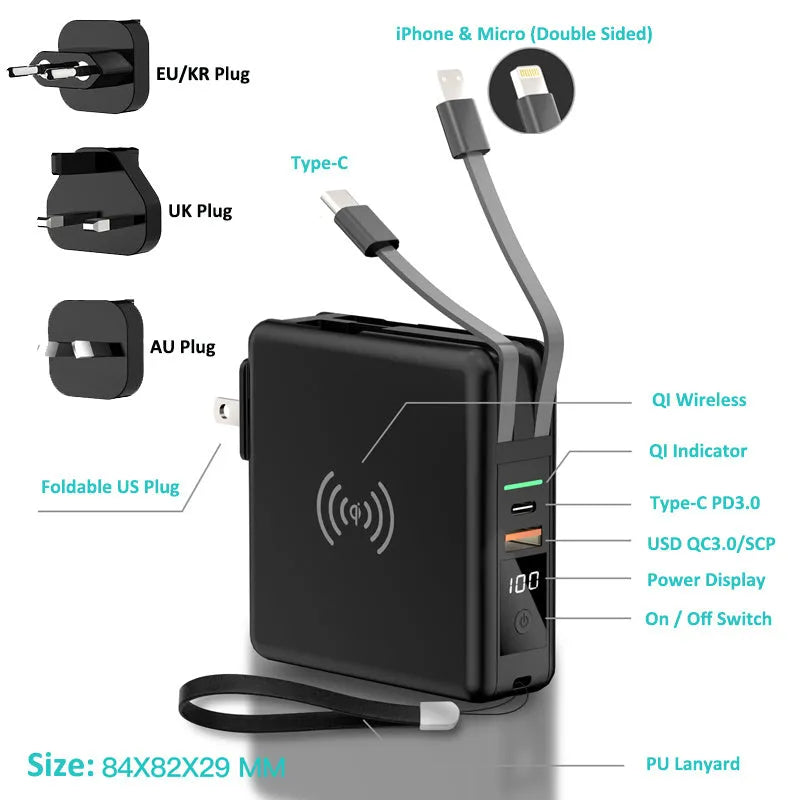 Black or white 10000mAh power bank with wireless charging and four international plug adapters