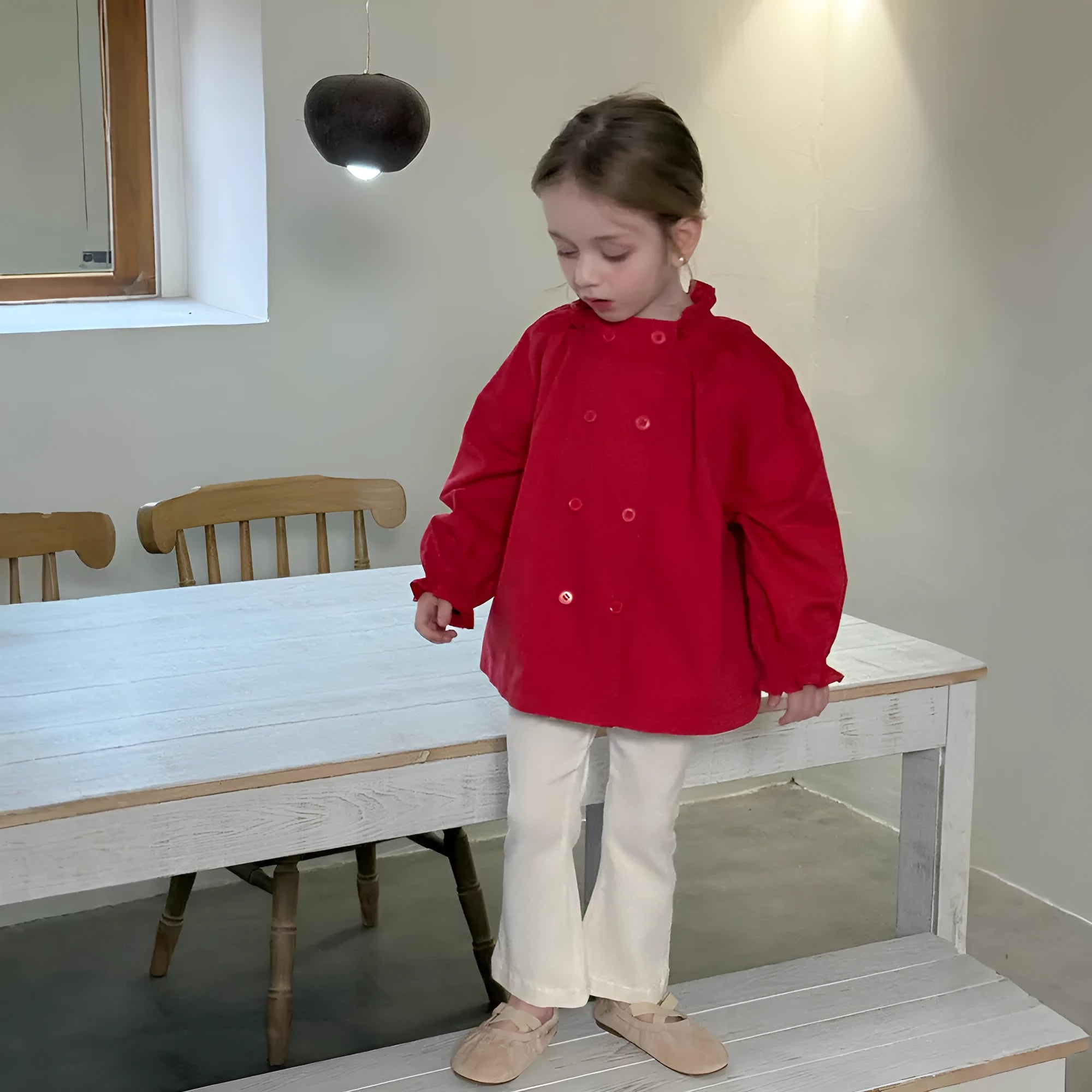 Girls cotton double breasted trench coat solid colour red short length spring summer