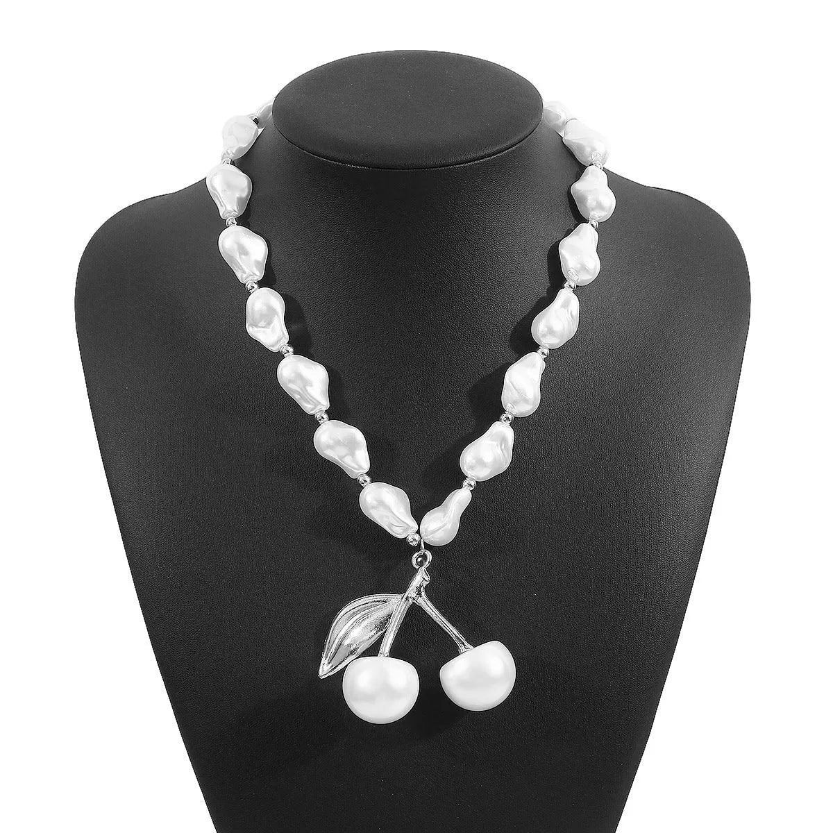 Creative cherry fruit necklace with irregular pearl chain in gold or white K colour, adjustable 51-60cm length