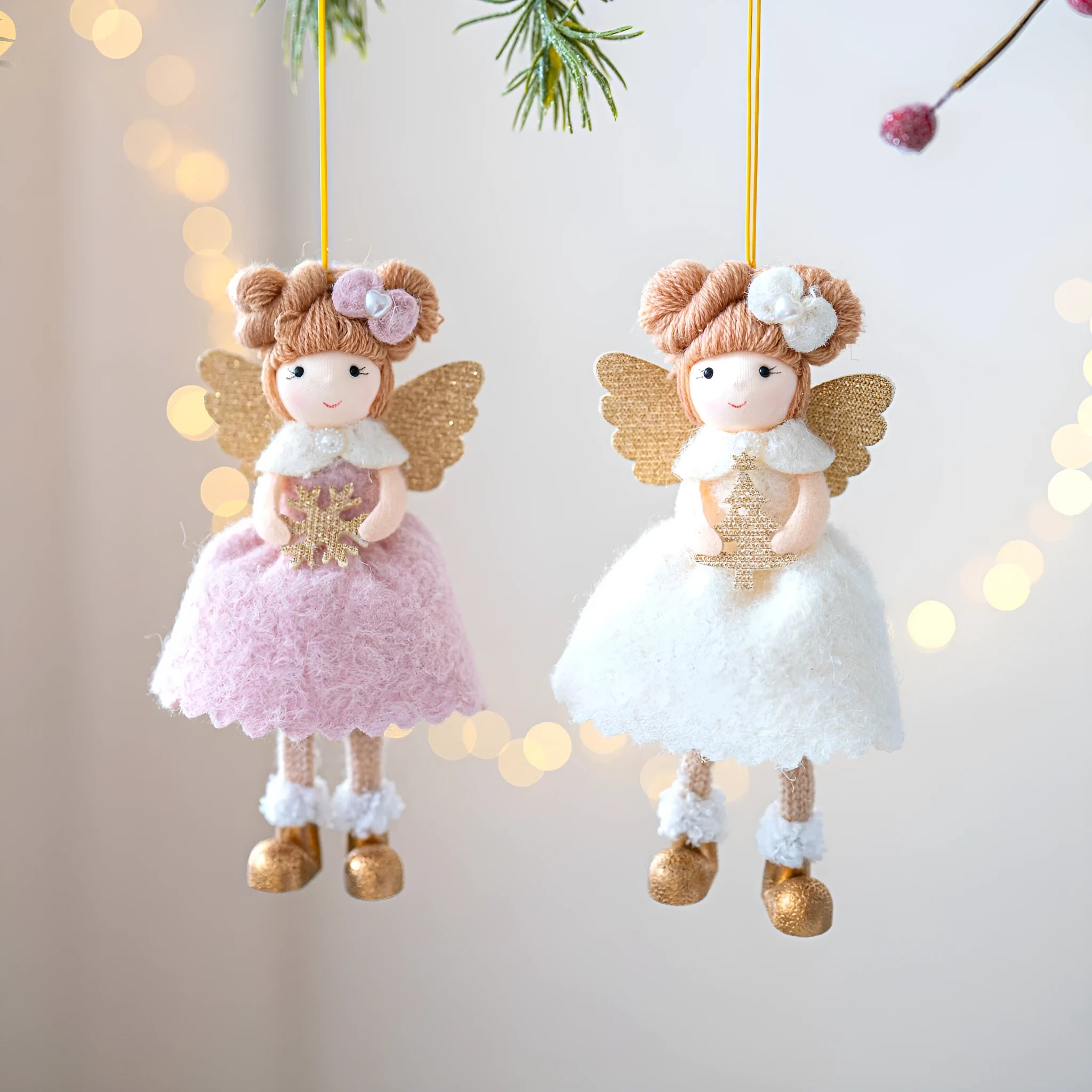 Pink and white Christmas angel wings plush pendant made from cloth material with modern simplicity design