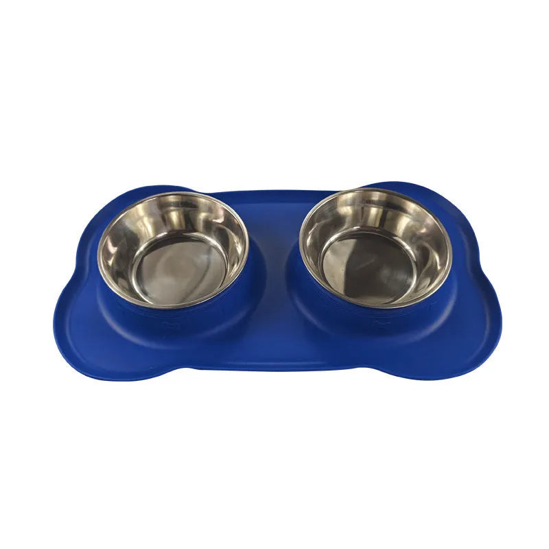 Large double pet bowl with stainless steel inner and silicone outer in black, blue, pink, silver gray or sky blue