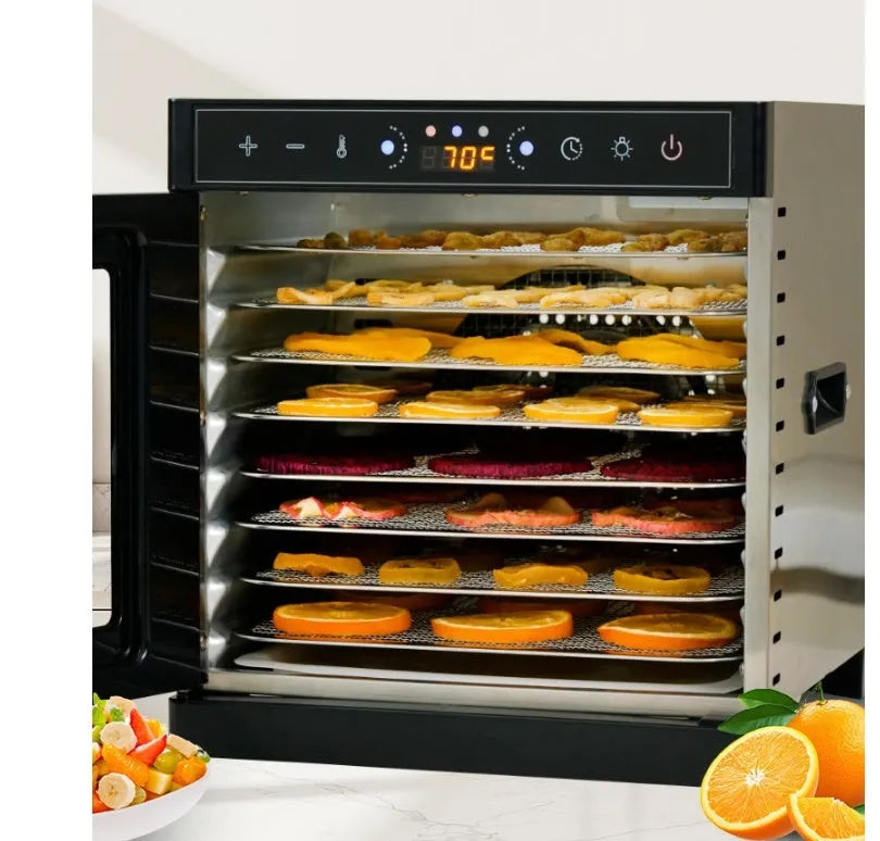 Stainless steel fruit dehydrator with visual skylight showing stacked drying trays inside
