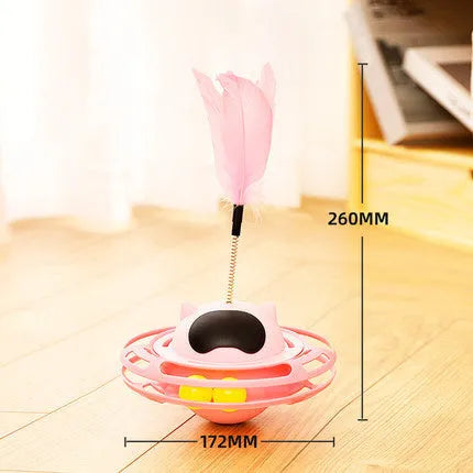 Pink cat toy tumbler turntable with self-hi motion and push lever for interactive pet play