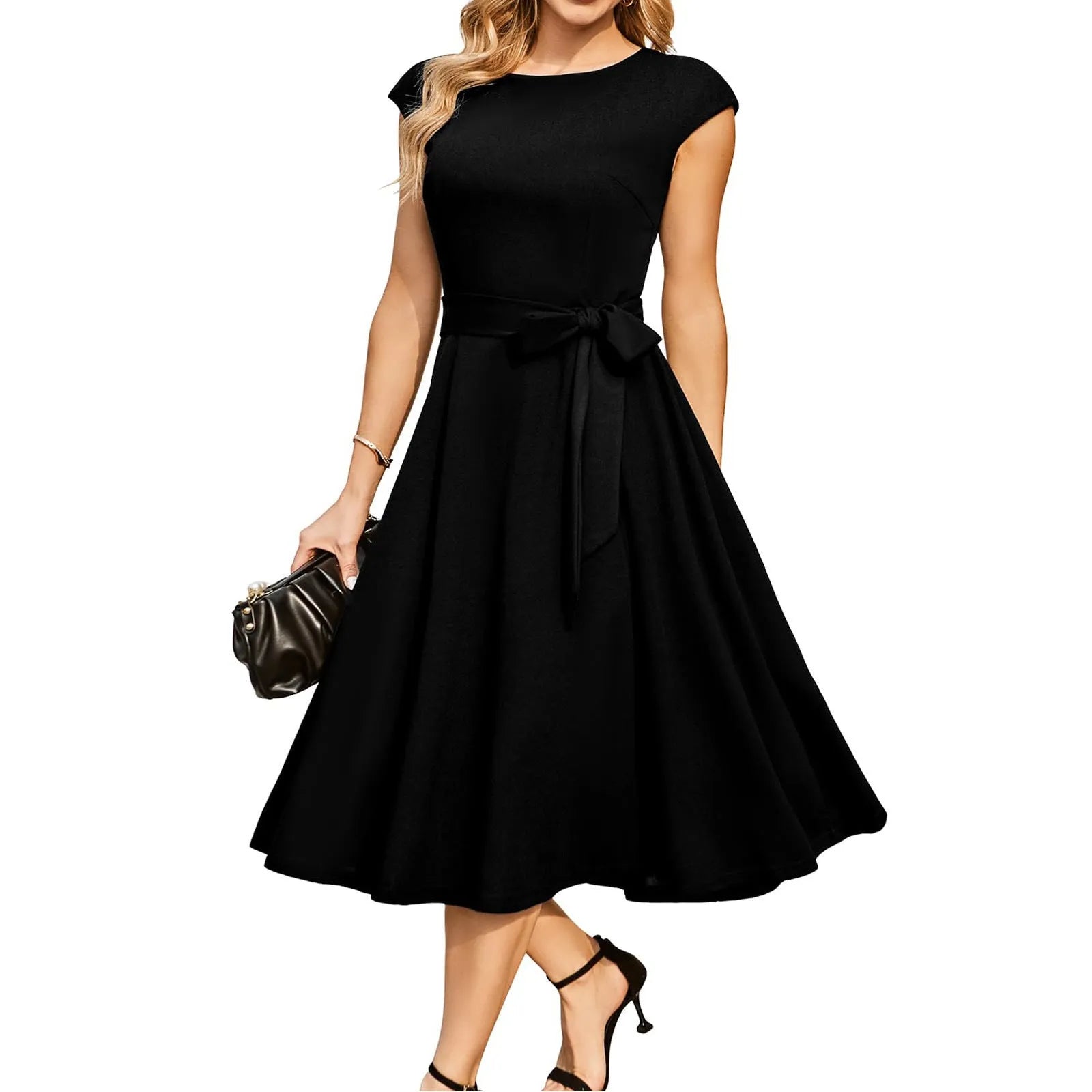Women's sleeveless lace-up waist party dress with oversized swing mid-length skirt