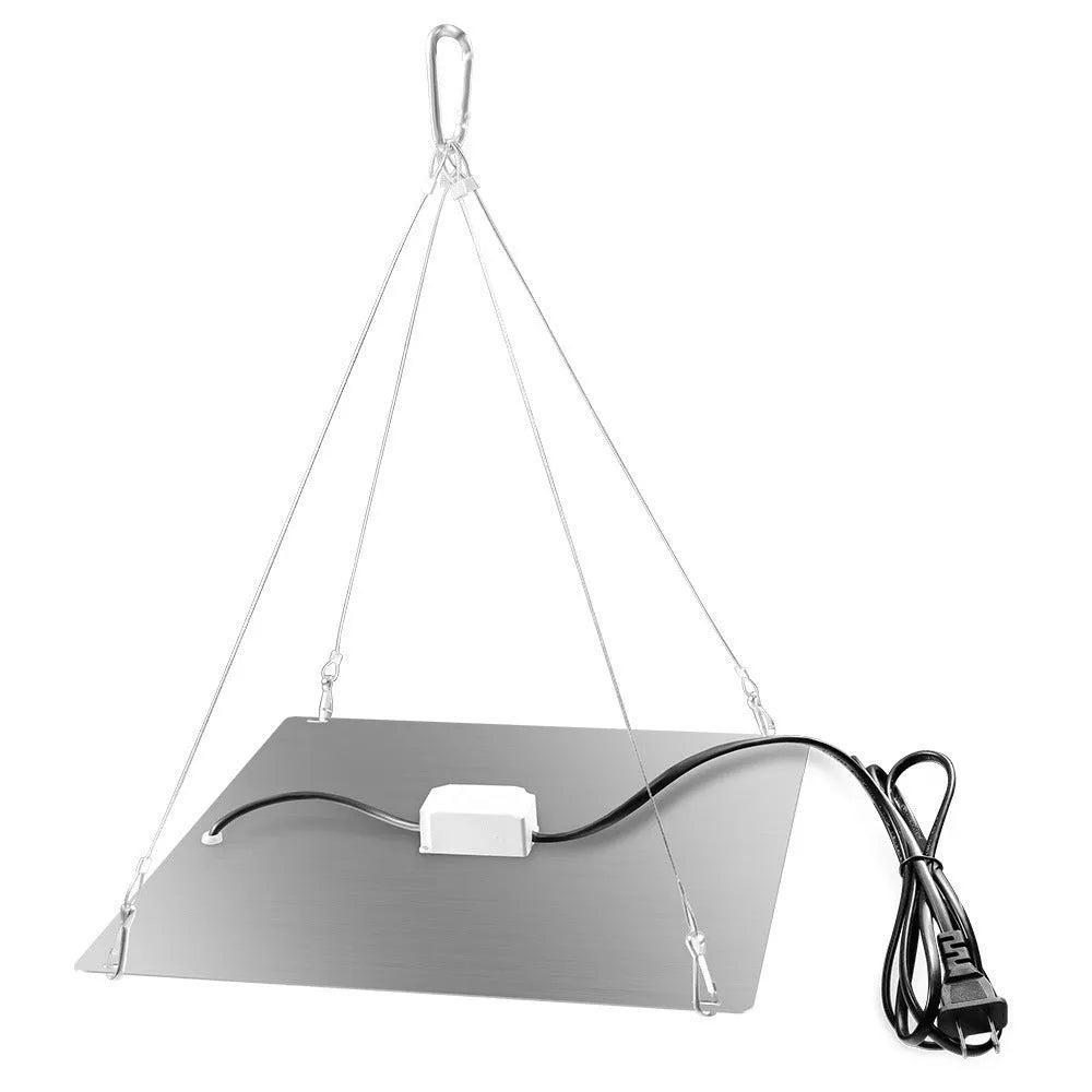 Silver aluminium LED plant light panel with multiple small beads, hanging from a hook for indoor gardening.