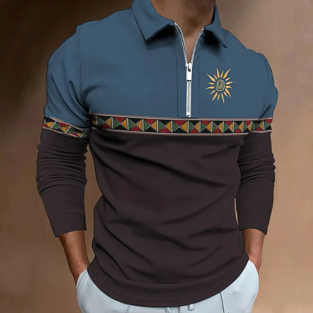 Man wearing a loose-fit, long-sleeve retro printed t-shirt with stripes and zipper decorations.