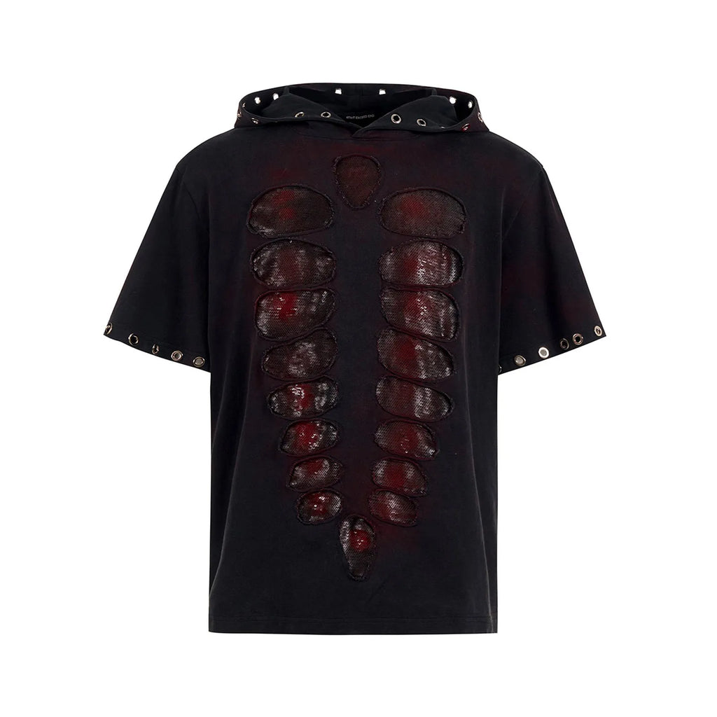 Black men's hooded short-sleeved T-shirt with sequin details and a loose fit.