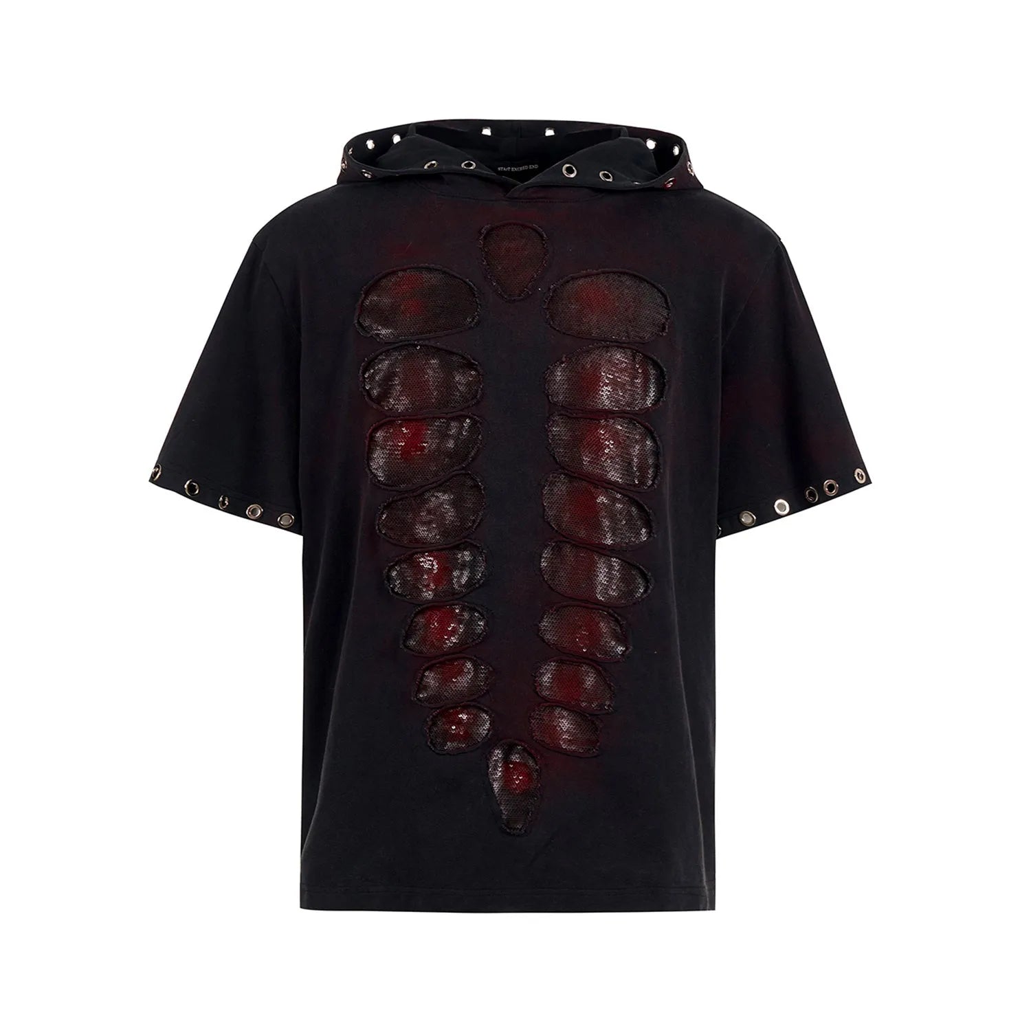 Black men's hooded short-sleeved T-shirt with sequin details and a loose fit.