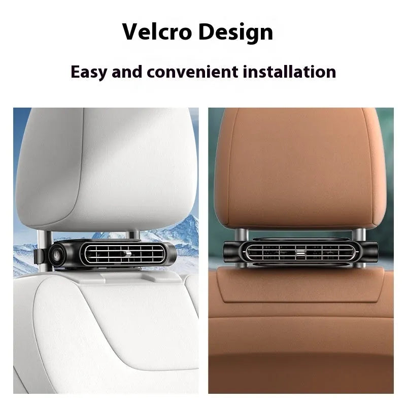 USB car fan with clamp mount and Velcro, shown in beige colour with a detached data cable.