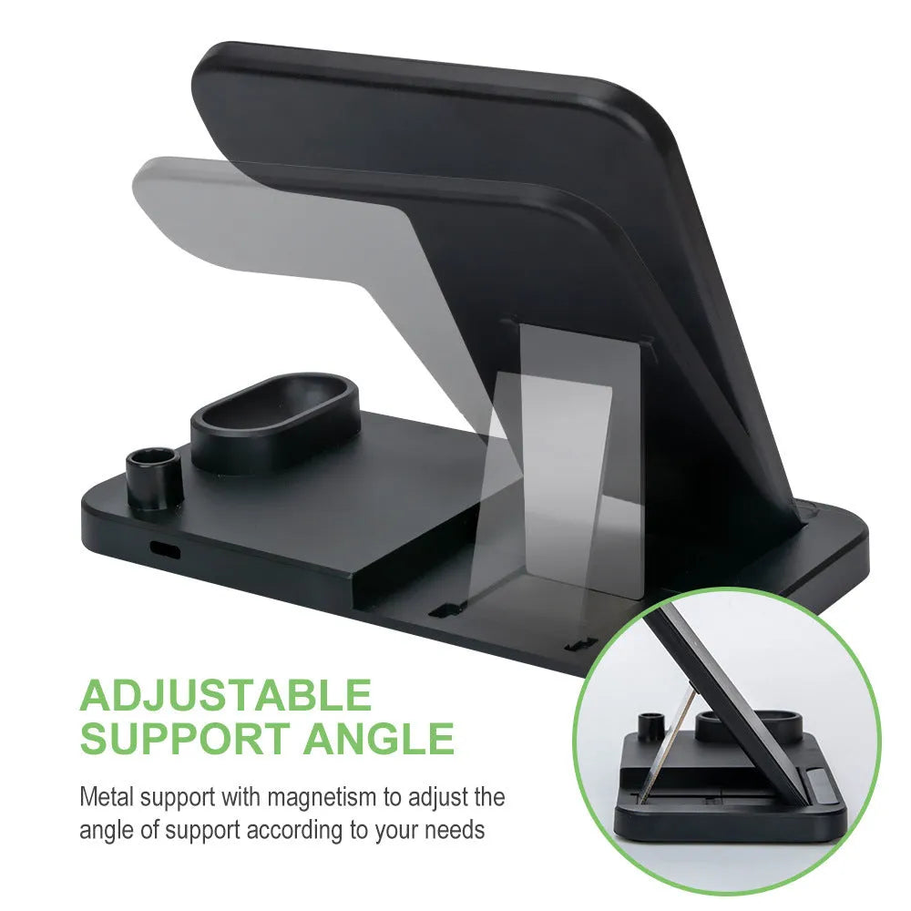 15W folding 4-in-1 wireless charging stand showing iPhone and Apple Pencil charging simultaneously