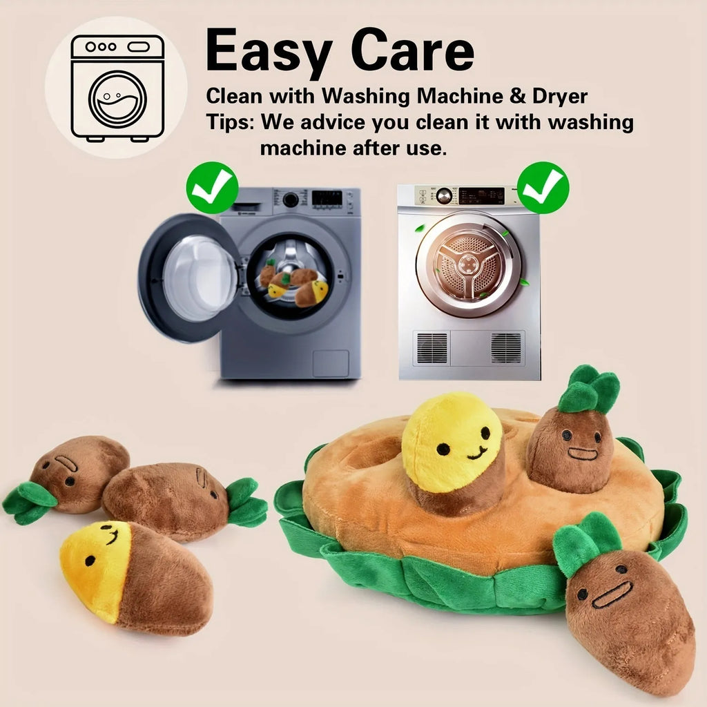 Yellow interactive dog puzzle toy with removable squeaky plush components and polyester slow feeder pad