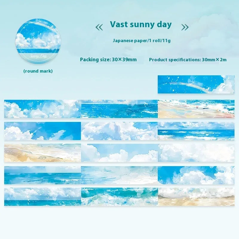 Roll of Japanese paper washi tape with sky theme designs showing colourful cloud pattern