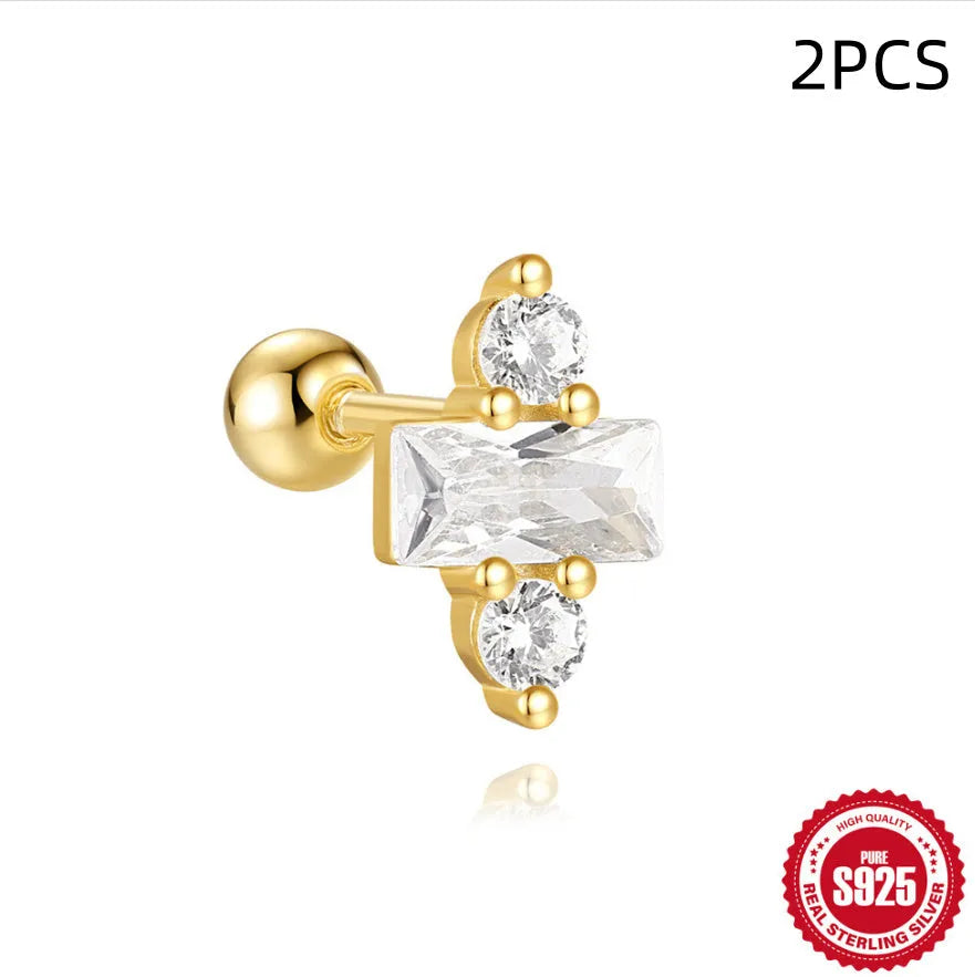 S925 sterling silver stud earrings with red square gravel stones and flower design in gold finish