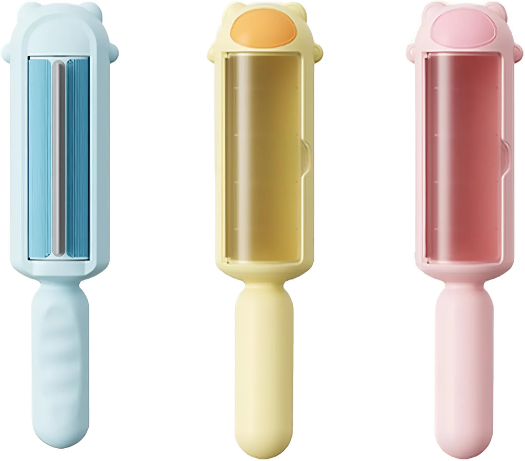Blue reusable pet hair remover roller for furniture and car seats on a grey sofa