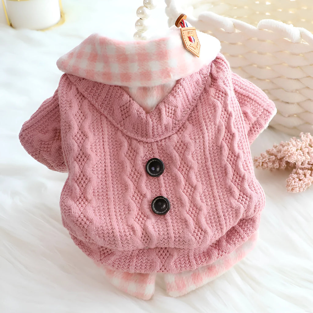 Blue wool plaid dog sweater with fleece lining shown on small dog, fake two-piece design