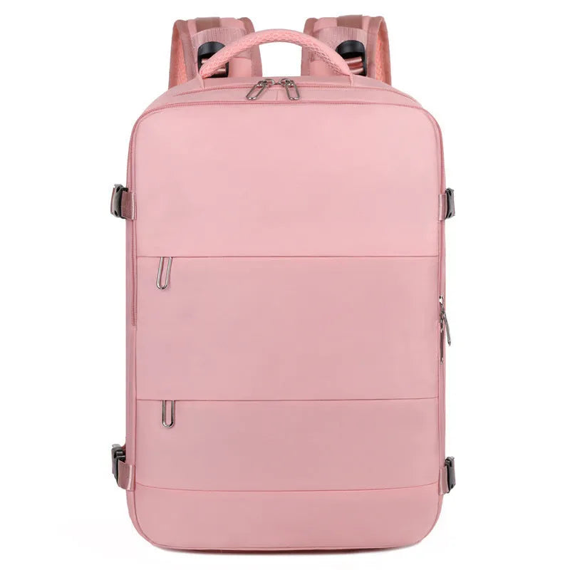 Large purple travel backpack with multiple compartments, shown with a laptop and organised interior.