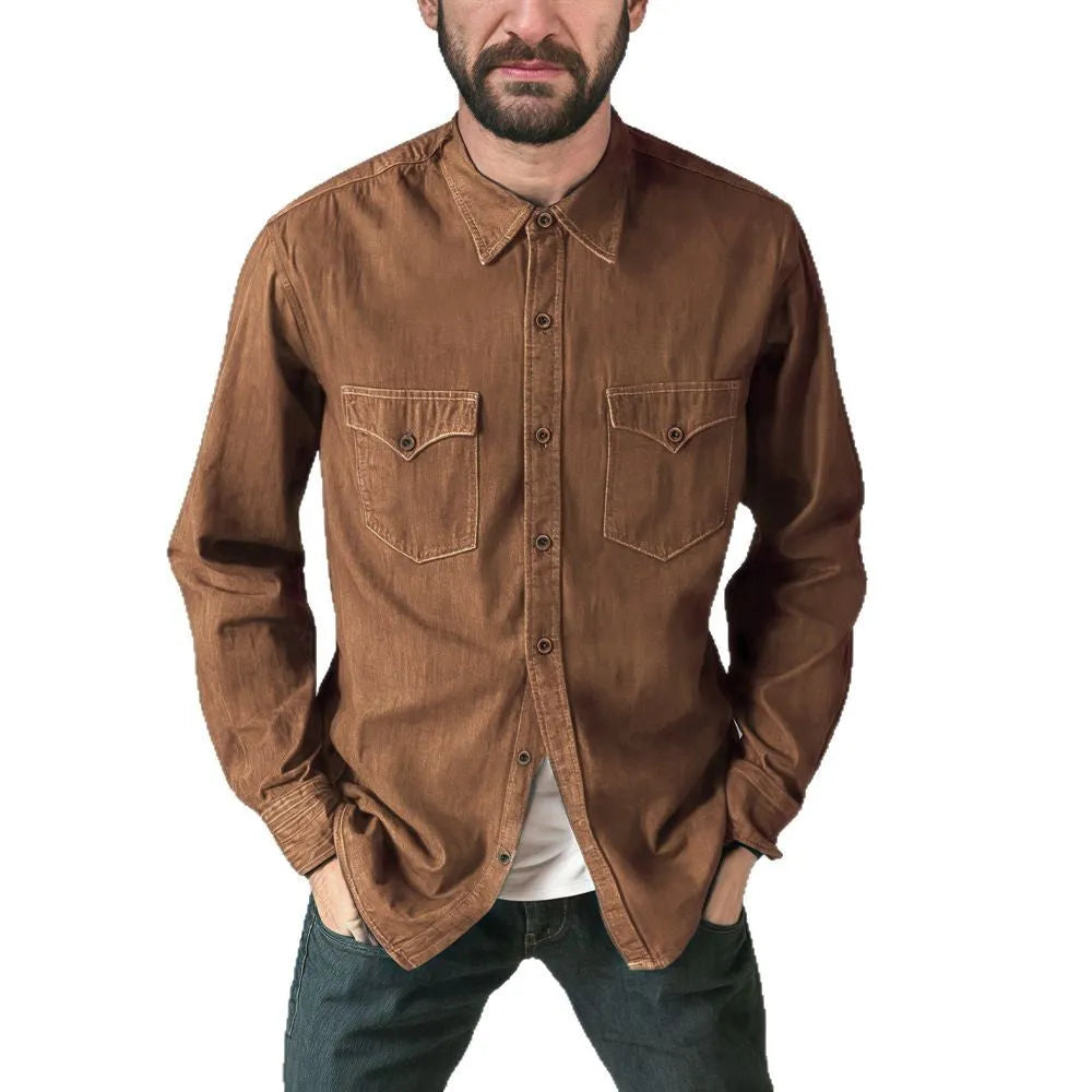 Man's khaki cotton denim cardigan coat open front, regular fit, casual style.