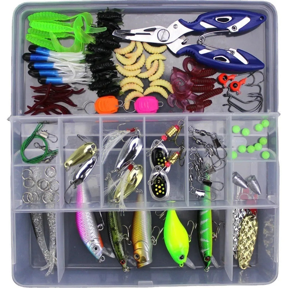 Junior entry-level fishing bait lure suit set in a PP storage box, showing multiple lure types.