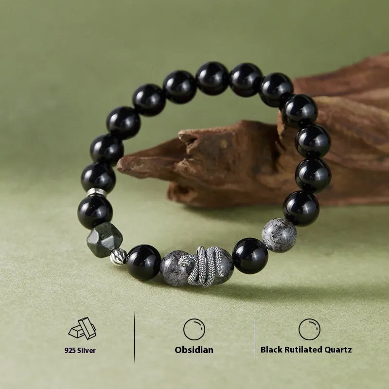 Men's retro snake bracelet in 925 sterling silver with 10mm obsidian black hair crystal