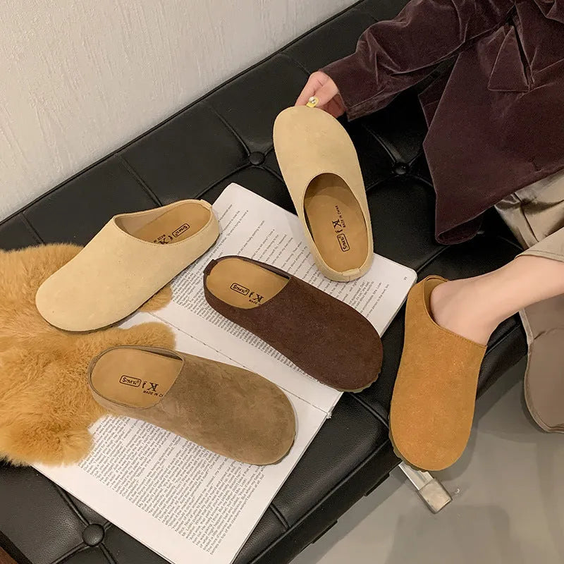 Women's outdoor slippers in apricot colour with microfiber upper, flat slip-on design, and square toe