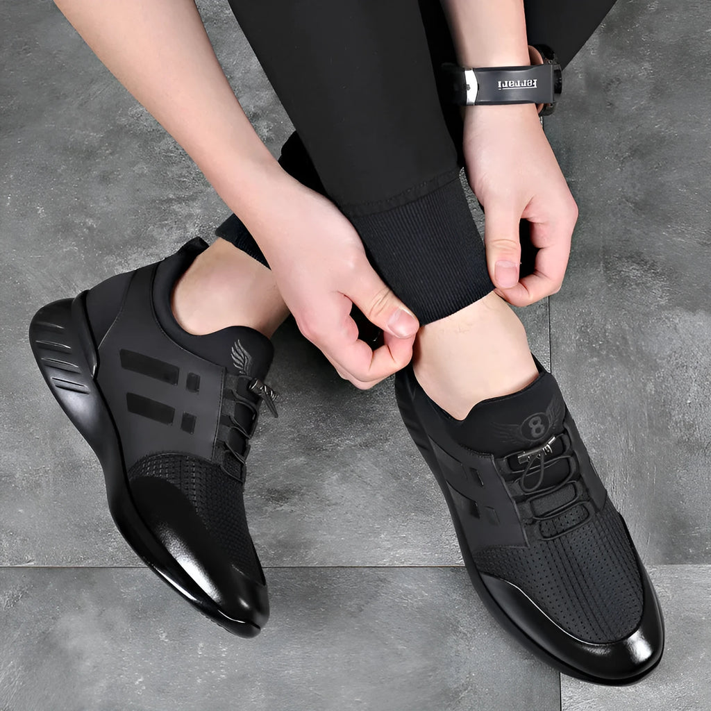 Men's black casual height increase shoes with chunky rubber sole, shown in leather, mesh, and Lycra upper options.
